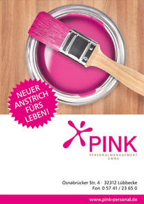 Pink Personalmanagement: Anzeige Neuer Anstrich fürs Leben mit Pinsel und Farbdose